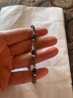 Women's Vintage 925 Sterling Silver with Onyx, clear stones and Marcasite.